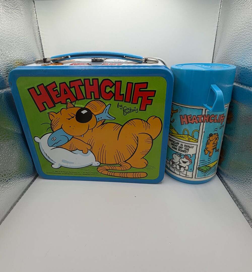 Vintage 1982 Heathcliff Metal Lunchbox w/ Thermos Aladdin Mouse Invaders